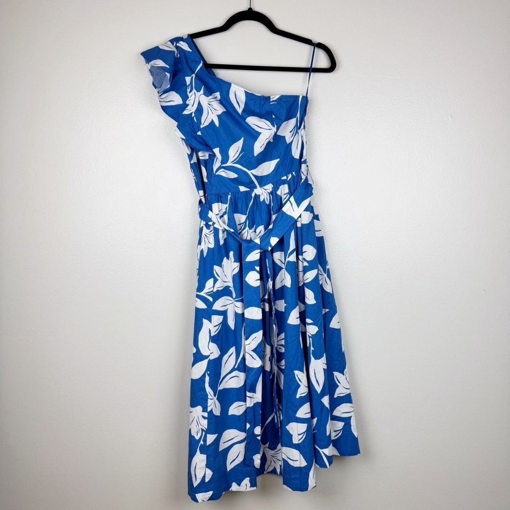 J. Crew One Shoulder Cotton Midi Dress Blue White Floral Size 8 NWT - Picture 2 of 8